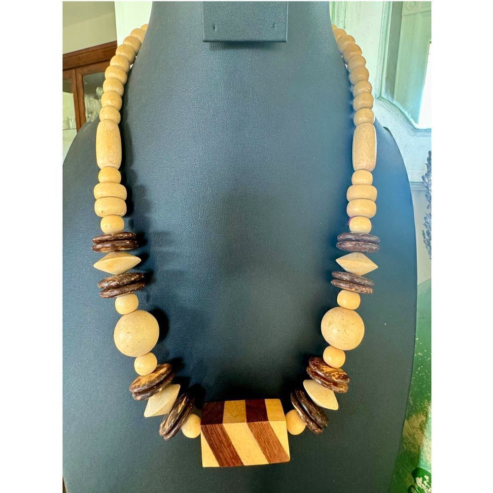 Vintage Wood Statement Beaded Necklace,Unmarked